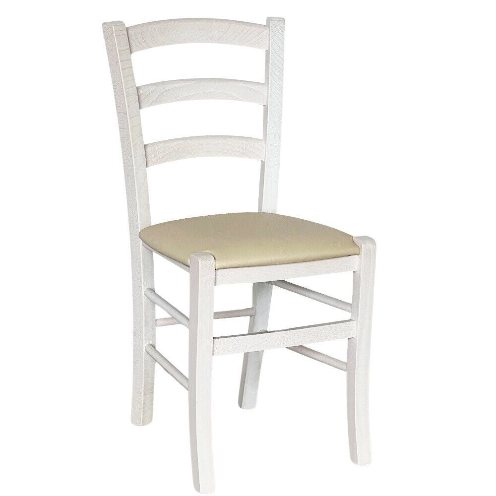 Sedie da sala da pranzo in legno Venezia bianche con seduta in similpelle beige