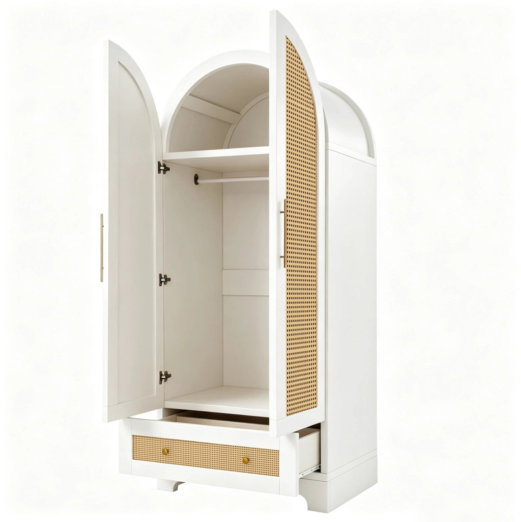 Armadio 2 ante bianco con 2 cassetti e pannelli effetto rattan