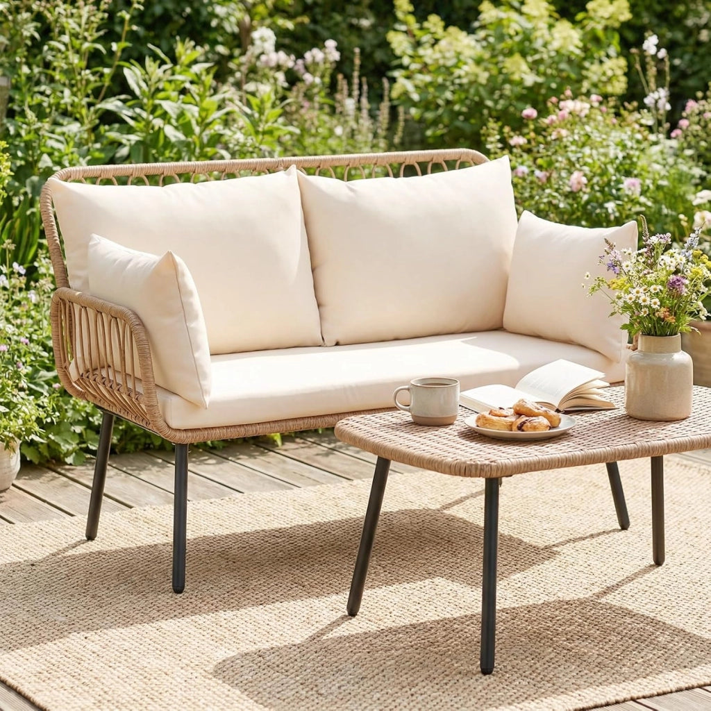 Divanetto da Giardino 2 Posti, Divano da Esterno in Rattan con Cuscini Morbidi e Piedini Regolabili, Portata 300 kg, Panca da Giardino per Terrazza e Bordo Piscina, 118 x 62 x 81 cm