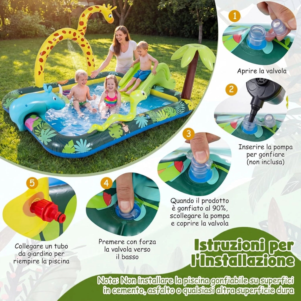 Piscina Gonfiabile Bambini, Parco Giochi Acquatico a Tema Giungla con Scivolo, Irrigatore a Arco, Gioco degli Anelli e 2 Toppe di Riparazione per Bambini 2-6 Anni, 208 x 178 x 138 cm