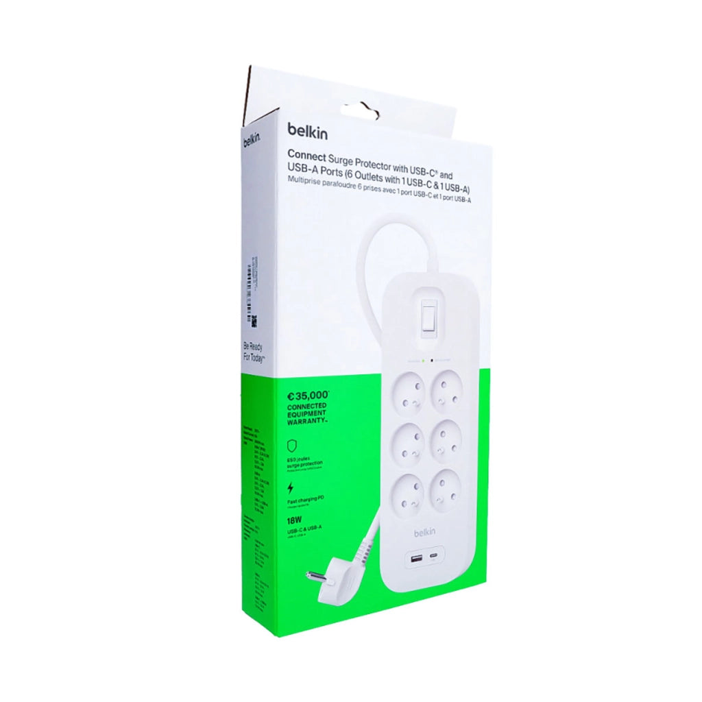 Striscia di alimentazione a 6 prese con protezione Lightning, USB e USB-C Bianco Belkin