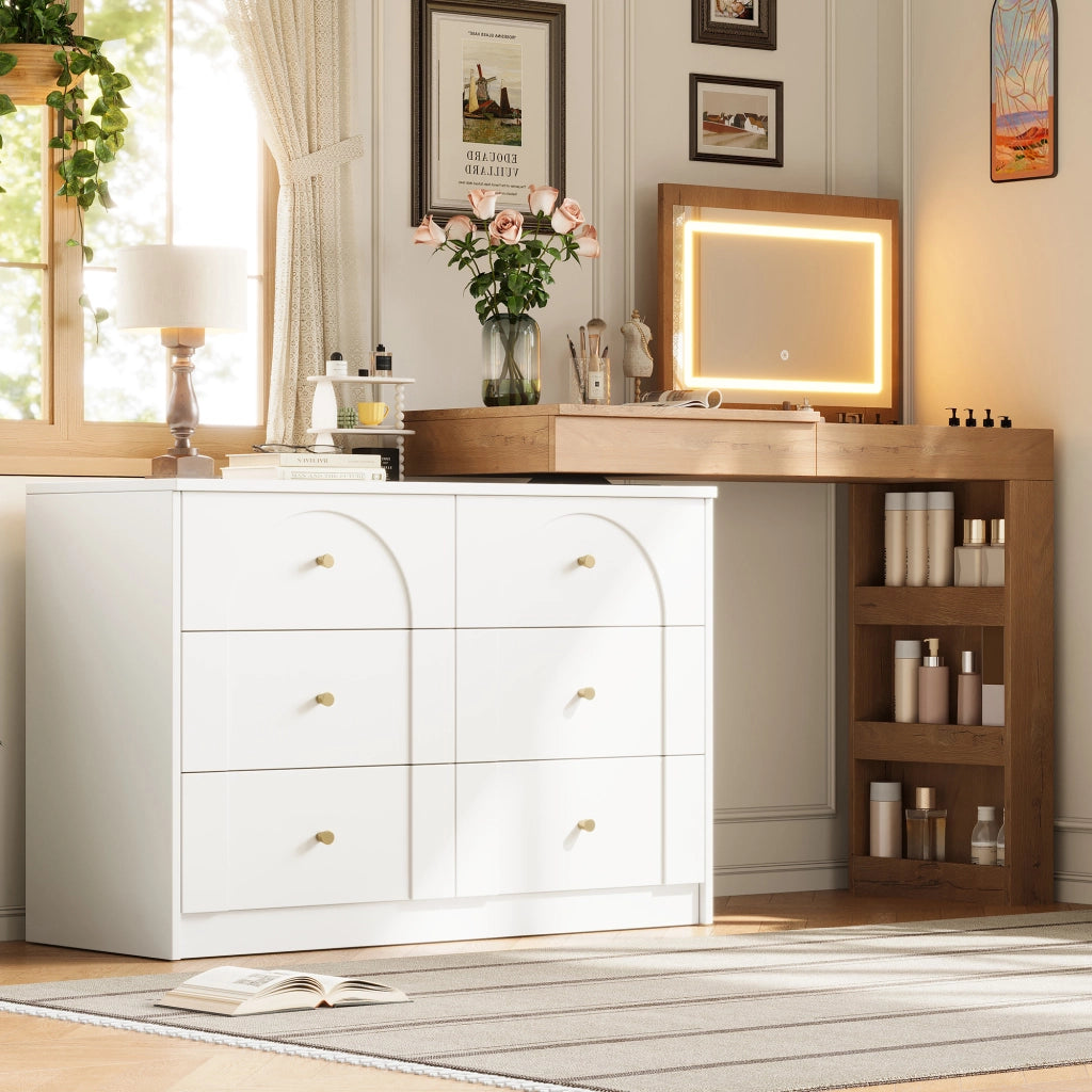Tavolo da toeletta girevole con specchio LED, scrivania 2 in 1, Bianco + effetto legno, 105¡Á40¡Á80 cm