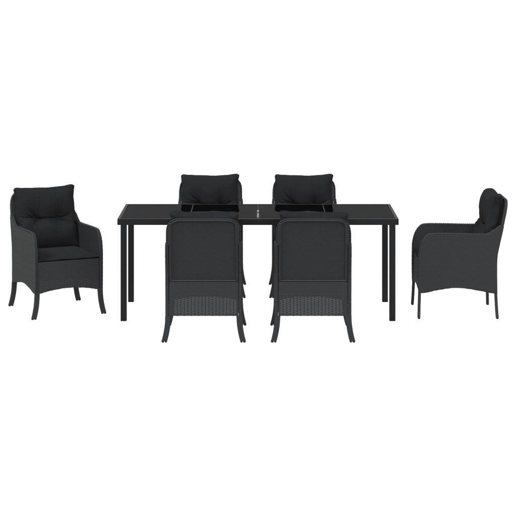 Set da Pranzo da Giardino da 7 Pezzi con Cuscini in Rattan Poliestere Nero