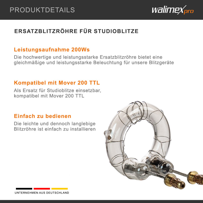 Tubo flash di ricambio compatibile con Mover 200 TTL, potenza 200 W, Temperatura colore 5400-5800 K, per studio fotografico
