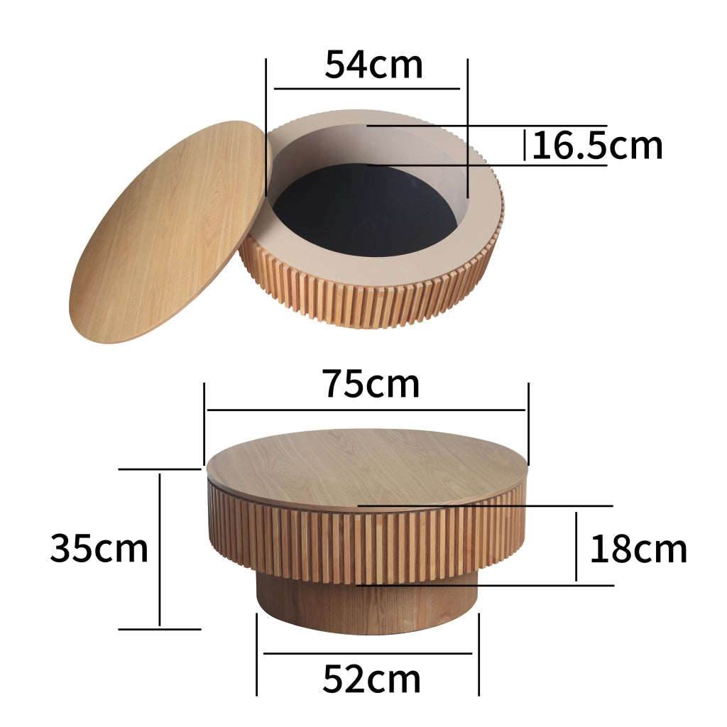 Tavolino basso contenitore rotondo con vano interno, in MDF e impiallacciatura effetto legno, per soggiorno, 75 cm