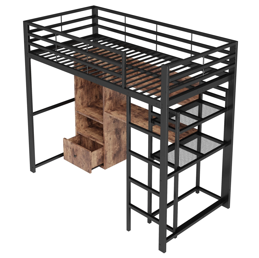 Letto a soppalco 90x200 cm in metallo e MDF; nero; con LED; scrivania; cassetto e ripiani