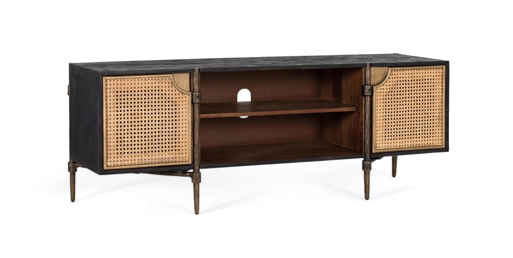 Mobile TV in legno di mango con ante in canna e gambe in bronzo