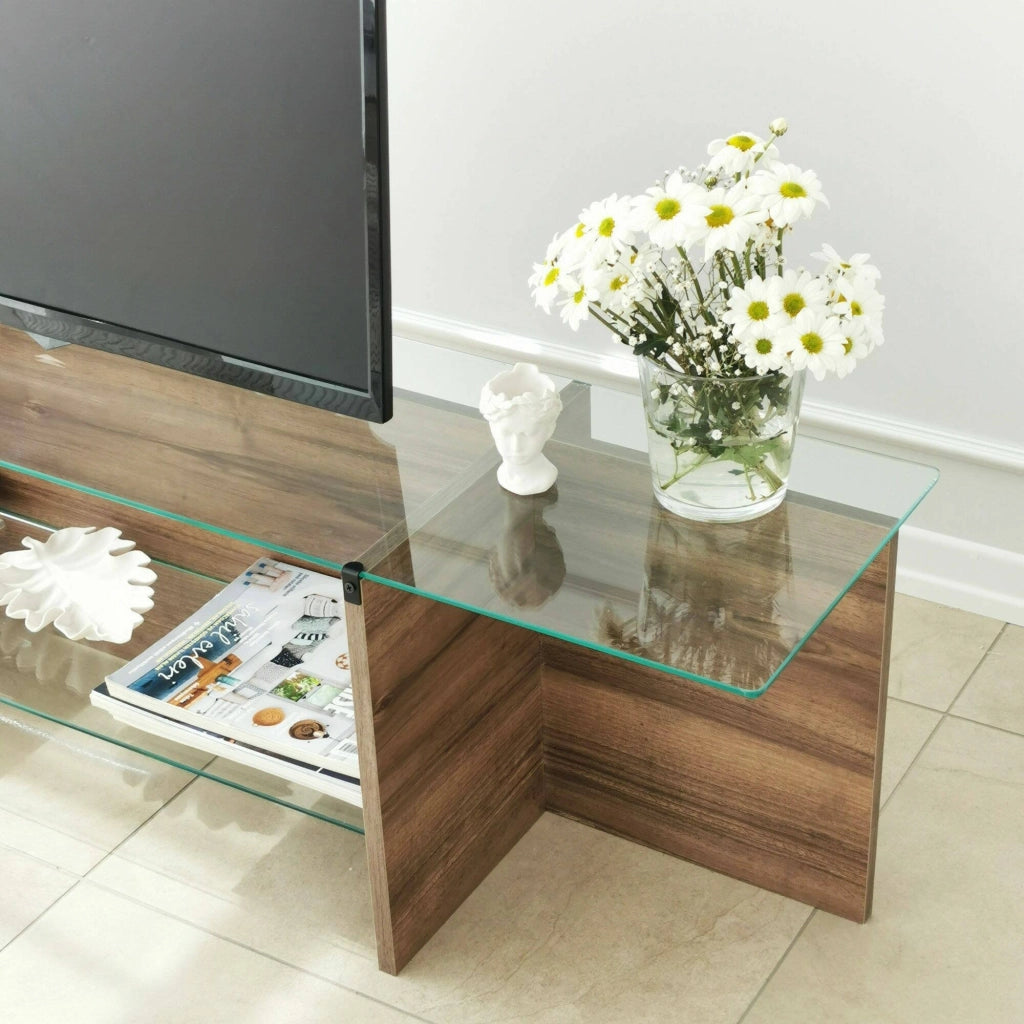 Mobile porta TV Bellano, Credenza da soggiorno, Armadio basso per TV, Base parete attrezzata, 158x35h40 cm, Noce
