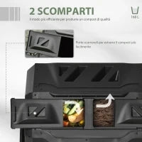Compostiera da Giardino Girevole a 2 Sezioni con 8 Prese d'Aria, Compostiera Domestica in Acciaio e PP, 160 L, per Compostaggio Rifiuti Organici, 71x65x96 cm, Nero