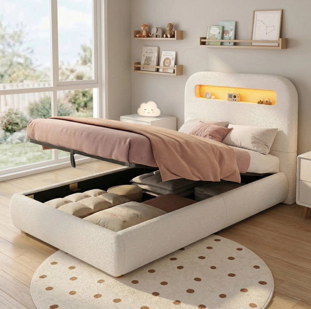 Letto singolo per bambini 90x200 cm con contenitore idraulico; LED; bouclé bianco
