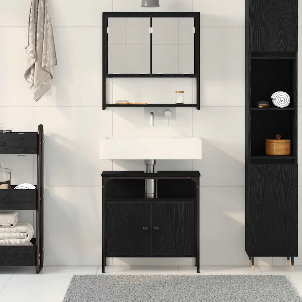 Set di mobili per il Bagno | Armadio da bagno 2 pz Nero Legno multistrato