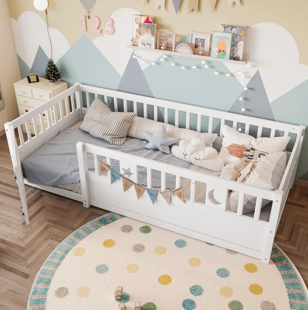 Letto per bambini 90x190 cm con sponde di sicurezza e decorazioni stella e luna; bianco