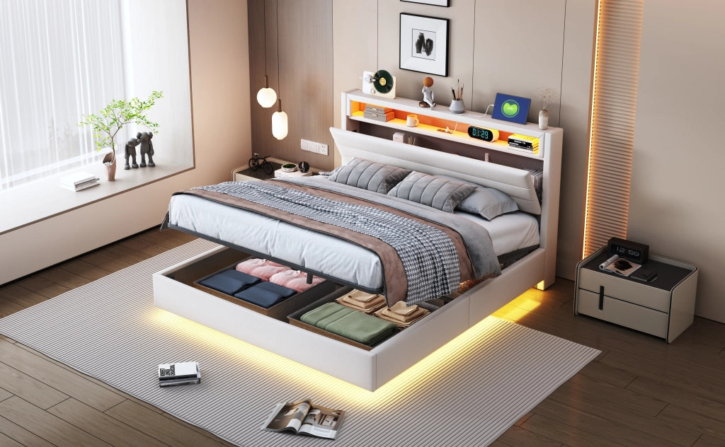 DESMIU Letto contenitore 140 × 200 cm 2 posti con sistema idraulico, USB e LED, senza materasso, beige