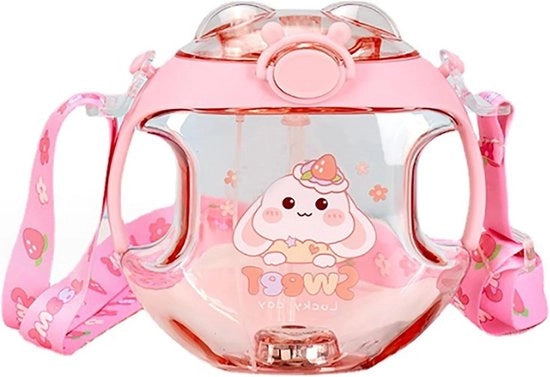 Bicchiere per bambino 450 ml con manico, cordino, bicchiere di canna, funzione spray e caratterizzazione cartoon carina (ROSA)