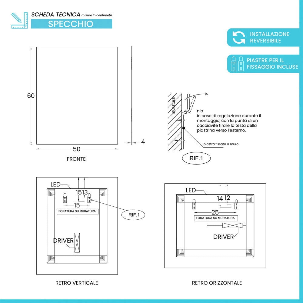 Specchio bagno retroilluminato 50x60 reversibile con luce naturale 4500K