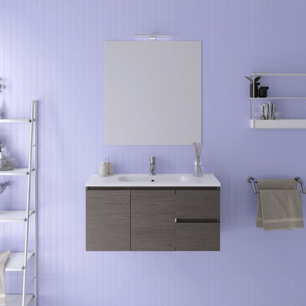 Mobile da bagno sospeso 100cm rovere scuro con lavabo e specchio | Rata