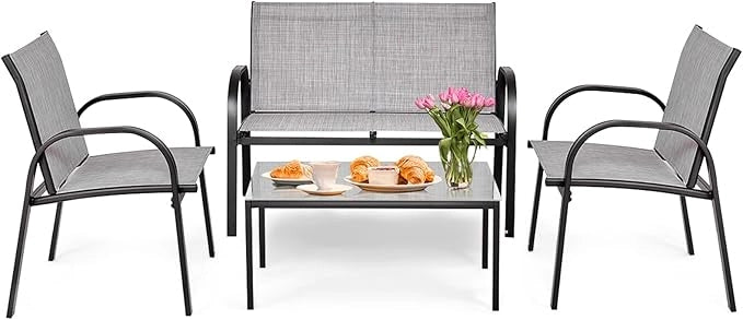 Set da Giardino con 4 Pezzi, Set da Giardino per Chiacchierare, Sedie da Giardino con Tavolino in Vetro, con Struttura Resistente in Ferro, Tessuto a Rete Traspirante (Grigio)