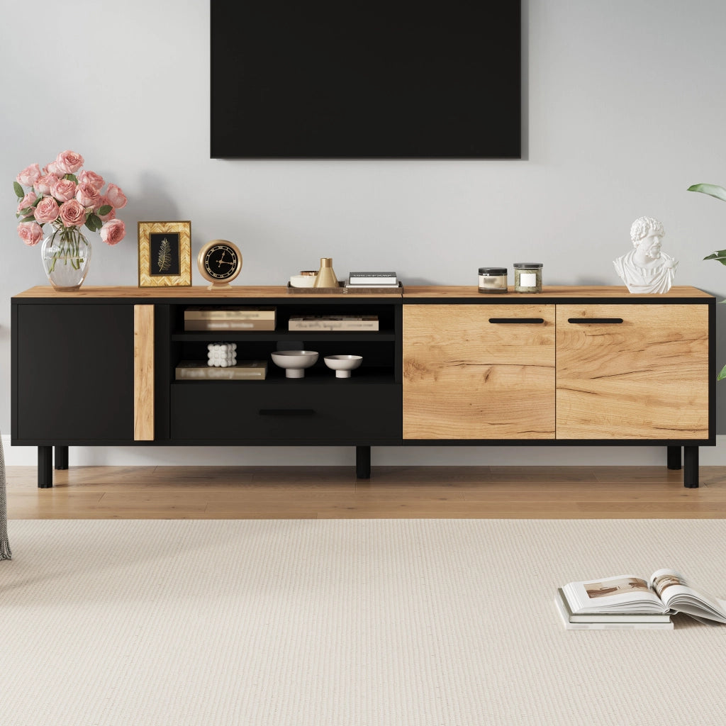 Cassettiera TV nero e finitura legno; in truciolare; lunghezza 180 cm