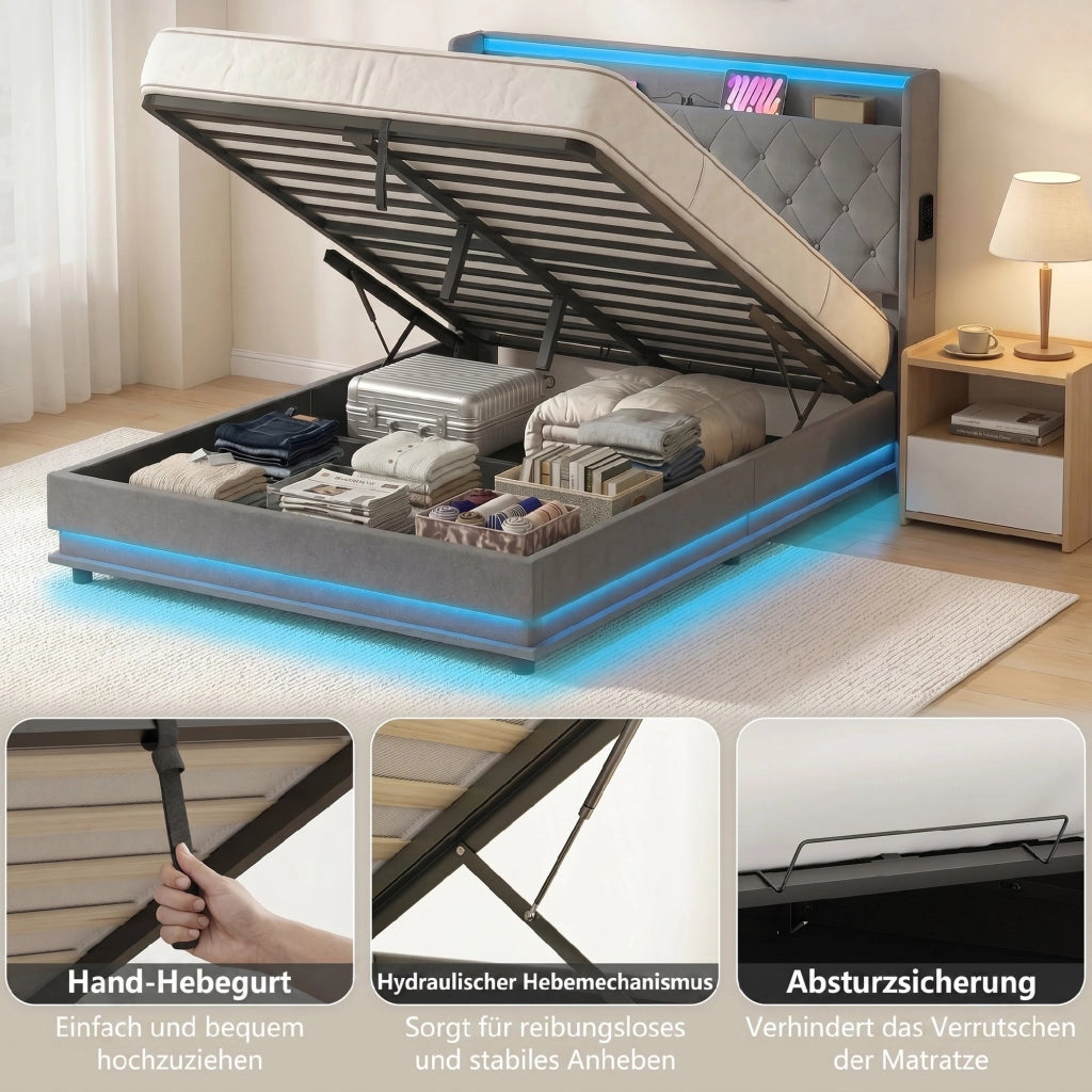 Letto Contenitore Matrimoniale con LED ¨C Zephmum ¨C Grigio 140x200 cm