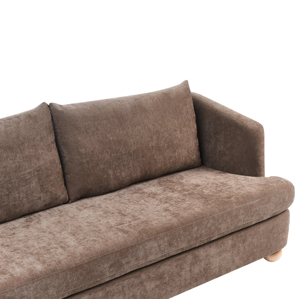 Divano a 2 posti rivestito in ciniglia marrone con gambe rotonde in legno e braccioli per soggiorno angolo lettura stile moderno minimalista