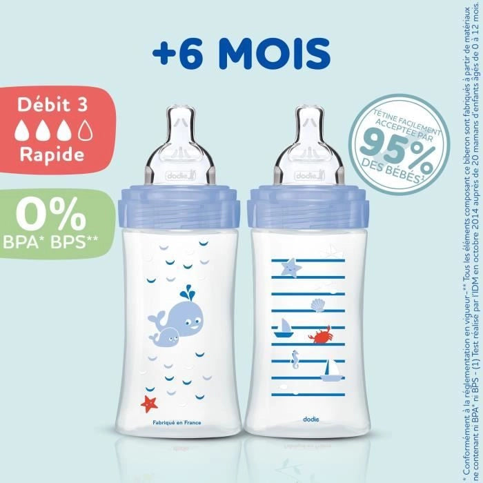 DODIE Set di 3 Biberon Sensation+ Anti-Colica 330ml +6 Mesi, Tettarella Piatta, Flusso 3 - Blu Mare e Verde Aria