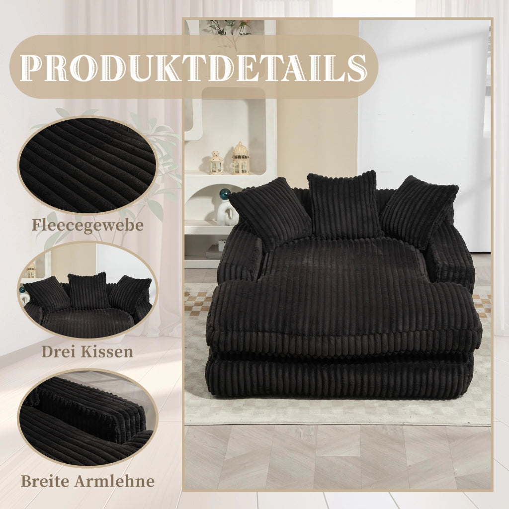 Chaise Longue da Interno 1 Posto con 3 Cuscini; Comfort Ergonomico senza Montaggio in Velluto a Coste Nero