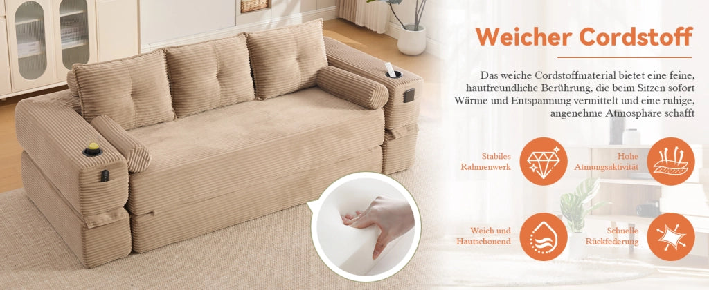 Divano convertibile modulare con cuscini in memory foam, tasche laterali e portabicchieri, in tessuto a coste khaki