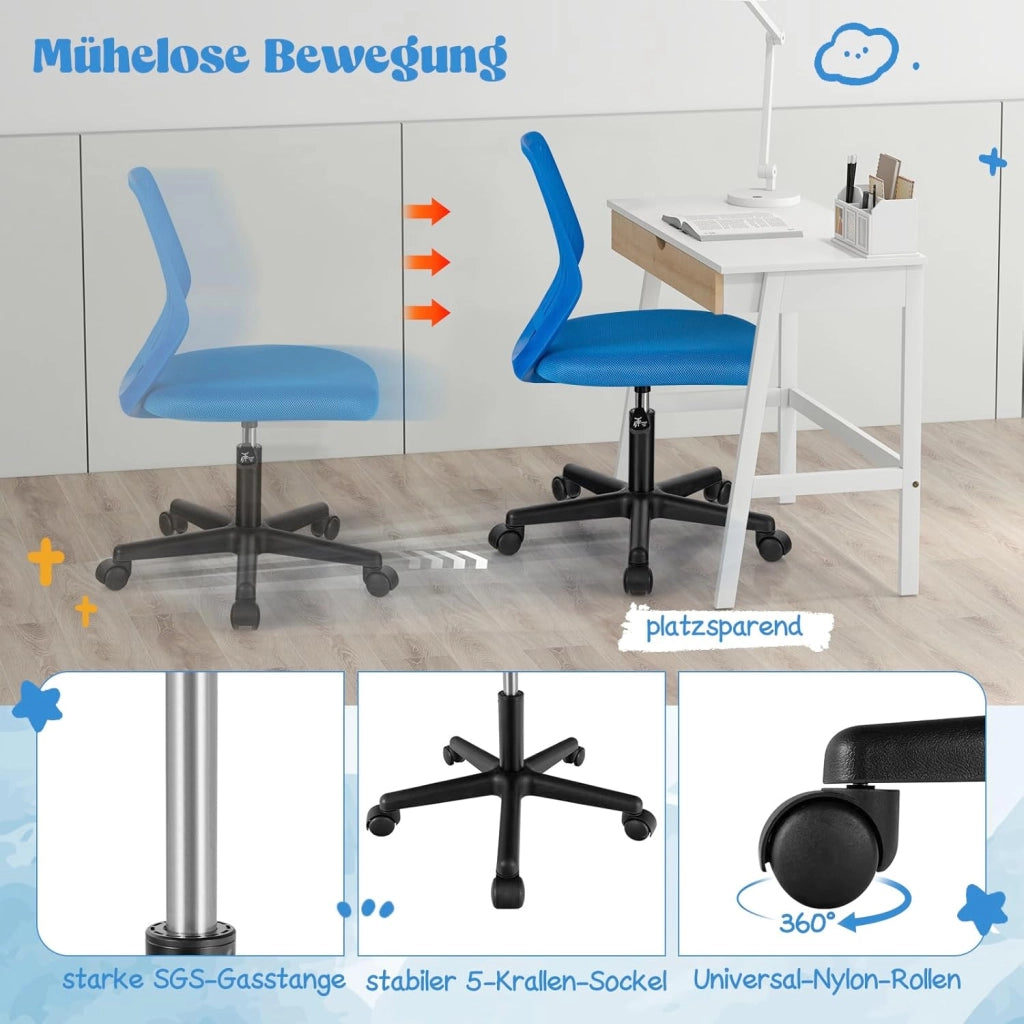 Sedia da scrivania per bambini, graziosa sedia da ufficio con schienale a forma di S e seduta imbottita, sedia da studio girevole senza maniche su ruote, per ragazzi e ragazze (blu)