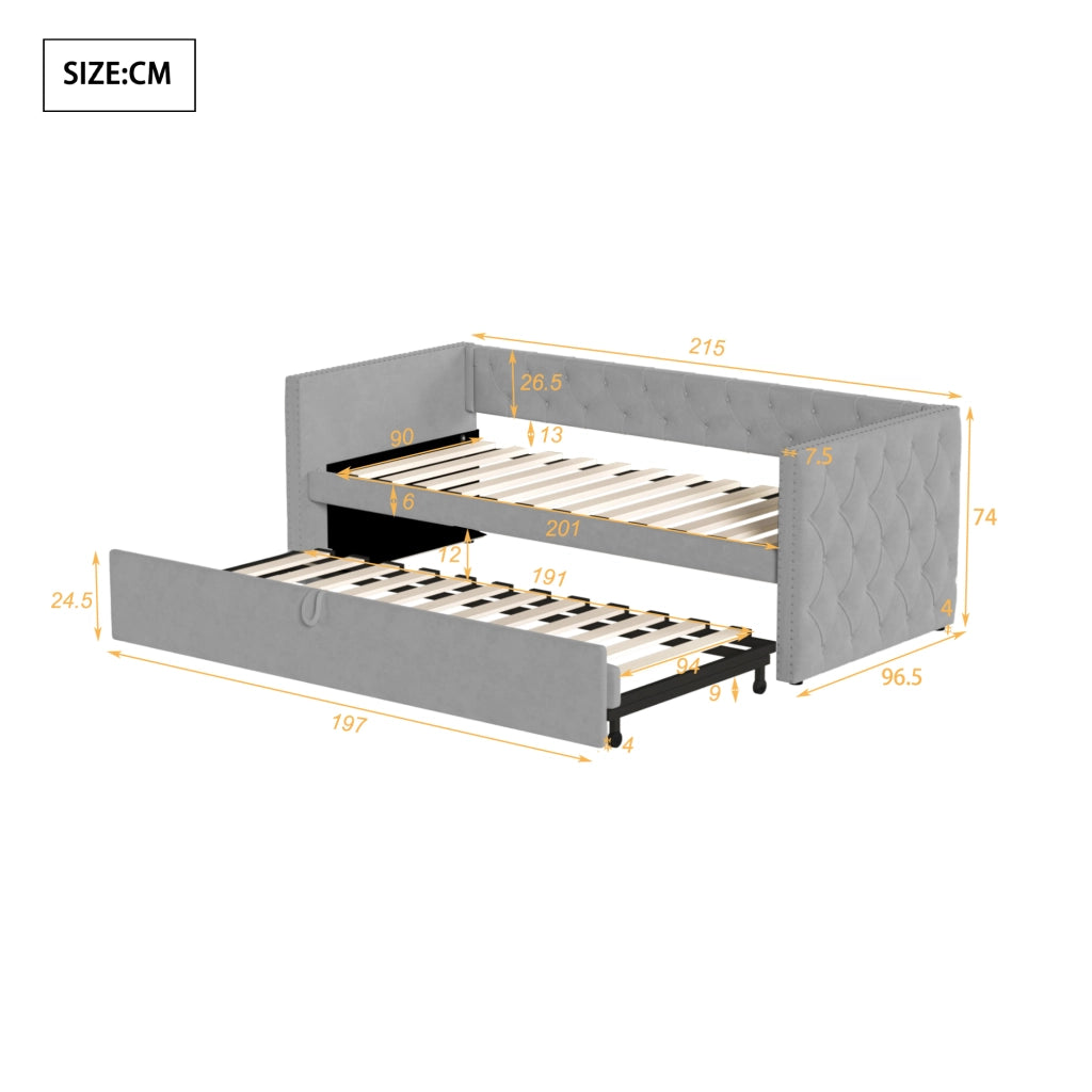 Letto estraibile singolo 90×200 cm e 90×190 cm con rete; senza materasso; velluto grigio chiaro