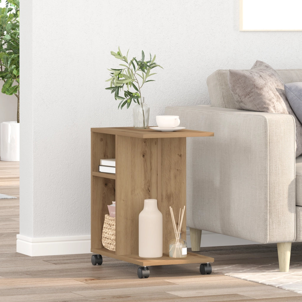 Tavolino con Ruote Rovere Artigianale 50x30x55 cm in Legno Ingenerizzato