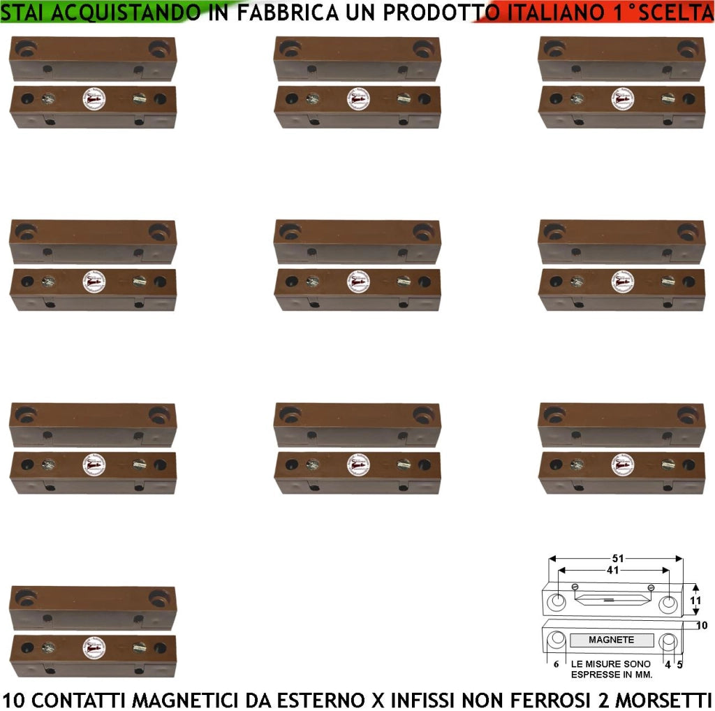 Sensore Magnetico Esterno 10 Pezzi Per Antifurto Contatto Reed Sottovuoto Uscita NC Sensibilità Magnetica 13 mm Tensione Transito Max 30V 0,5 A Carico Resistivo 2 Morsetti Cover ABS Marrone Prot. IP40