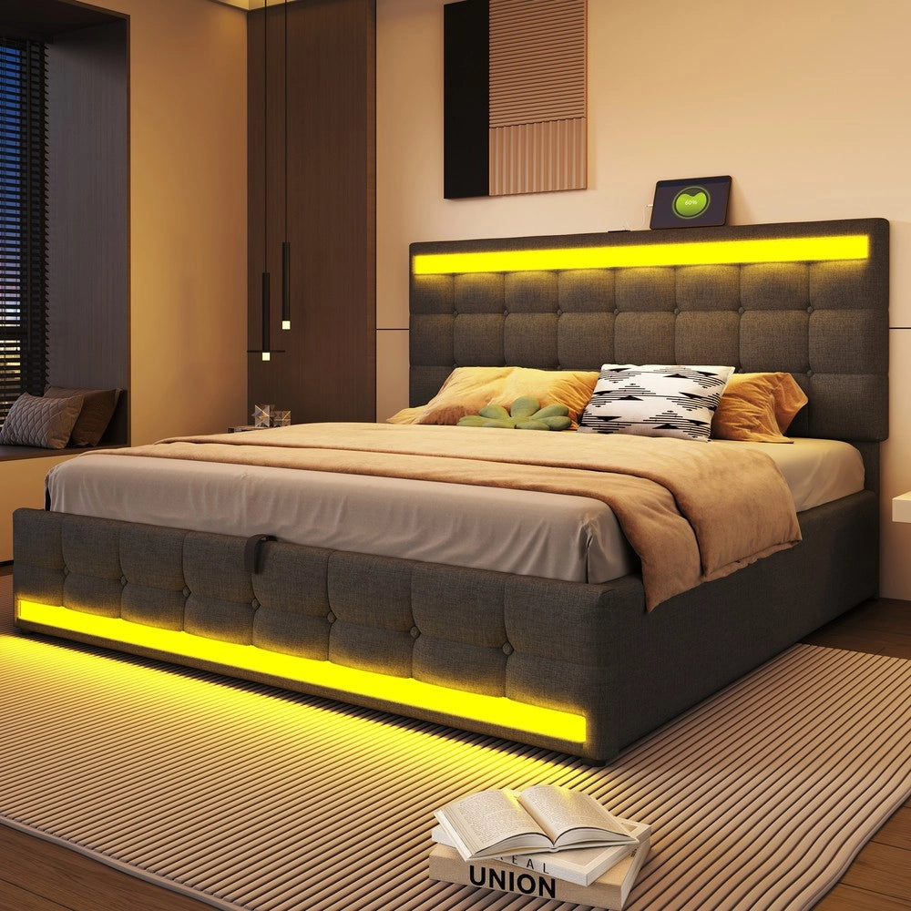 Letto Contenitore Imbottito 180x200 ¨C MINIMAL ¨C Grigio, LED, USB, Idraulico