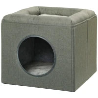Casetta per Gatti a 2 Livelli con Cuscino in Peluche, in Legno, Poliestere e Plastica, 36.5x36.5x33 cm, Verde