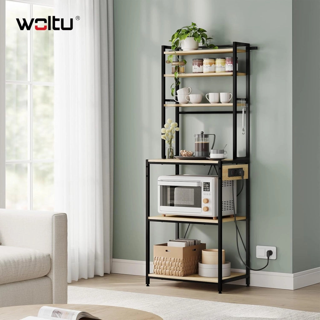 Scaffale da Cucina a 6 Livelli con Prese di Corrente, Scaffale per Microonde con Struttura in Metallo e Piano di Lavoro Aperto, Nero+Rovere Chiaro, 60x39,5x167cm
