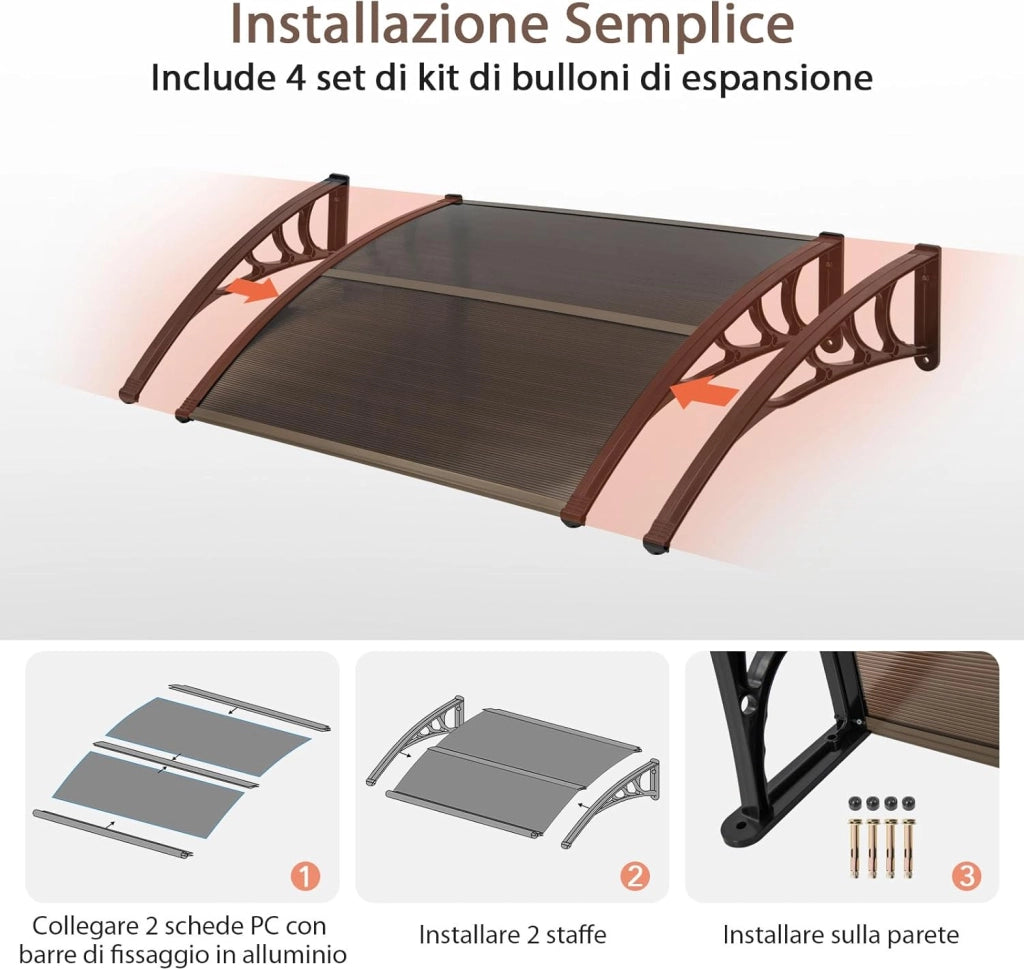Tettoia per Porta Finestra, Pensilina Tettoia per Porta in Policarbonato, per Protezione da Sole, Pioggia, Neve, per Balcone, Finestre e Porte (122 x 99 x 28 cm,Marrone)
