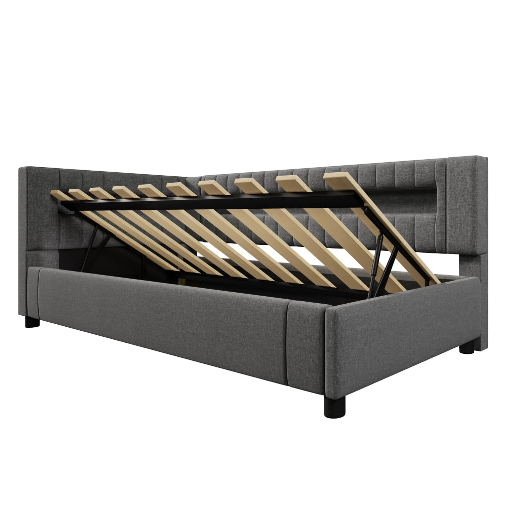 DESMIU Divano letto 90 × 200 cm 1 posto con contenitore idraulico, LED, USB e Type-C, senza materasso, grigio
