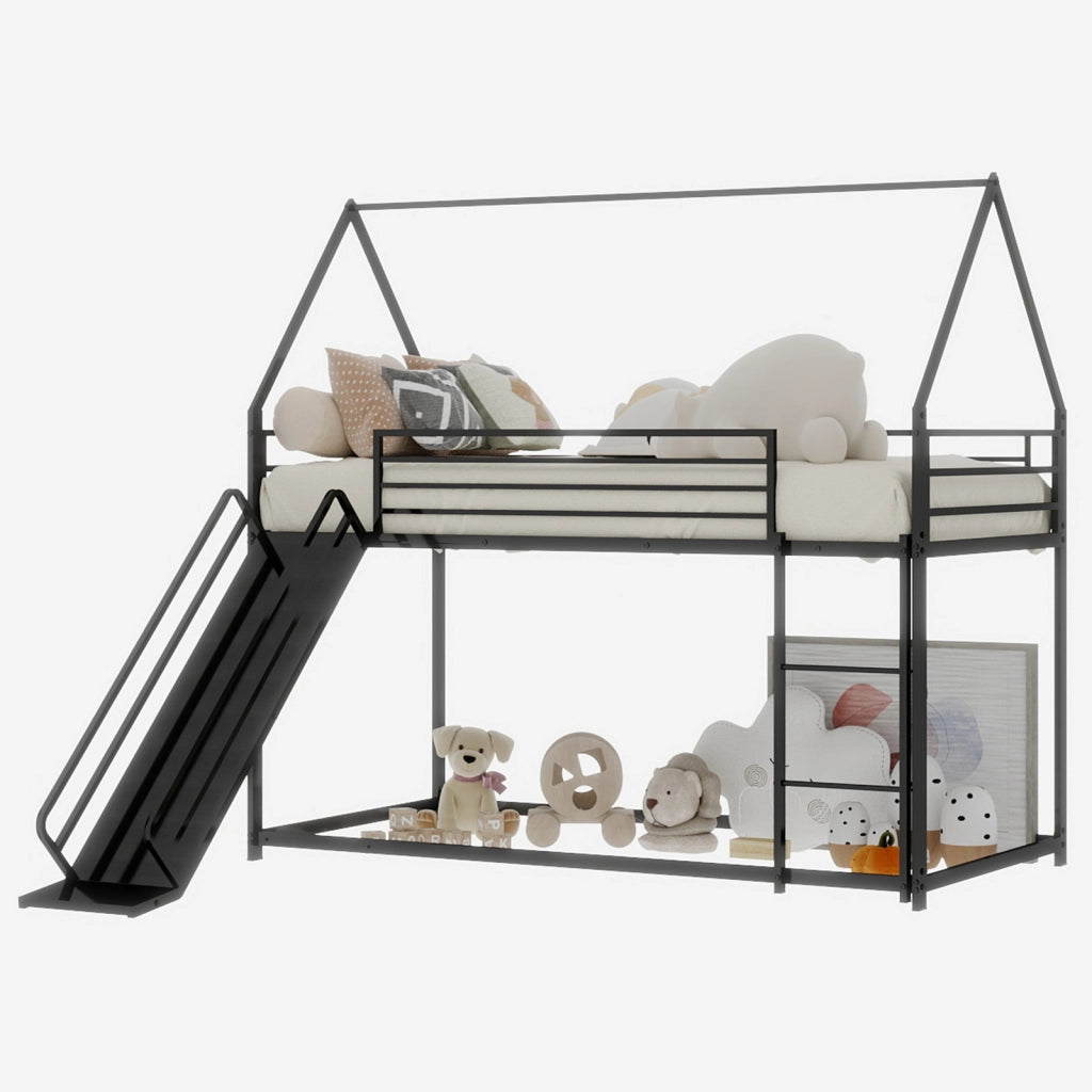 Letto a castello per bambini 90 × 190 cm con scivolo e scale, senza materasso, in ferro, nero