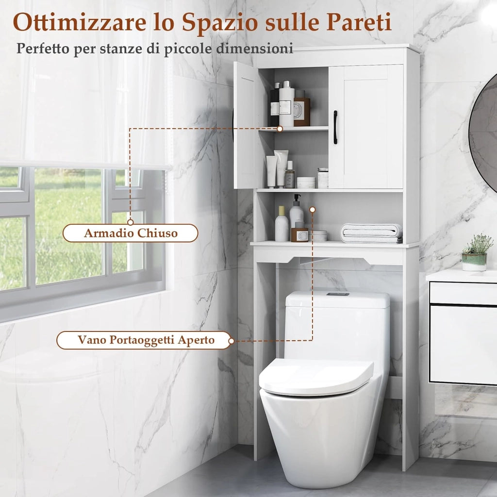 Mobiletto da Bagno sopra il WC, Mobile da Bagno Autoportante Alto 168 cm con 2 Ante e Ripiano Regolabile, Armadietto Salvaspazio sopra la Toilette per Lavanderia, 63 x 24 x 168 cm
