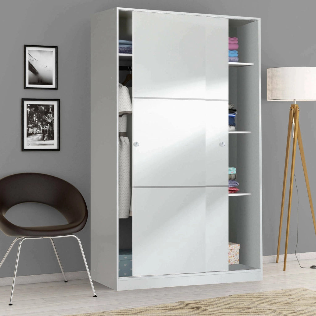 Guardaroba Adrenalin, Armadio per camera da letto a 2 ante scorrvoli, Mobile con 3 ripiani e barra appendiabiti, cm 120x50h200, Bianco lucido