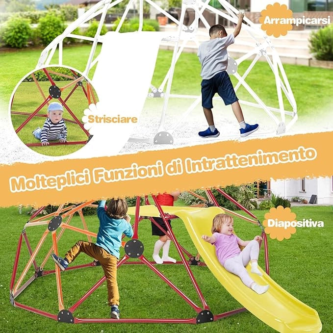 Cupola di Arrampicata, Struttura per Arrampicata con Scivolo, Capacità di Carico di 180 KG, per Bambini da 3 a 10 Anni, Ideale per Palestra, Cortile e Giardino (Stile 2 Arancione)