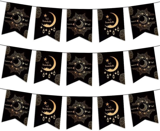 Bandiera di Eid Mubarak e decorazioni per Ramadan, decorazioni festive per le celebrazioni di Eid al-Fitr, tema nero e oro