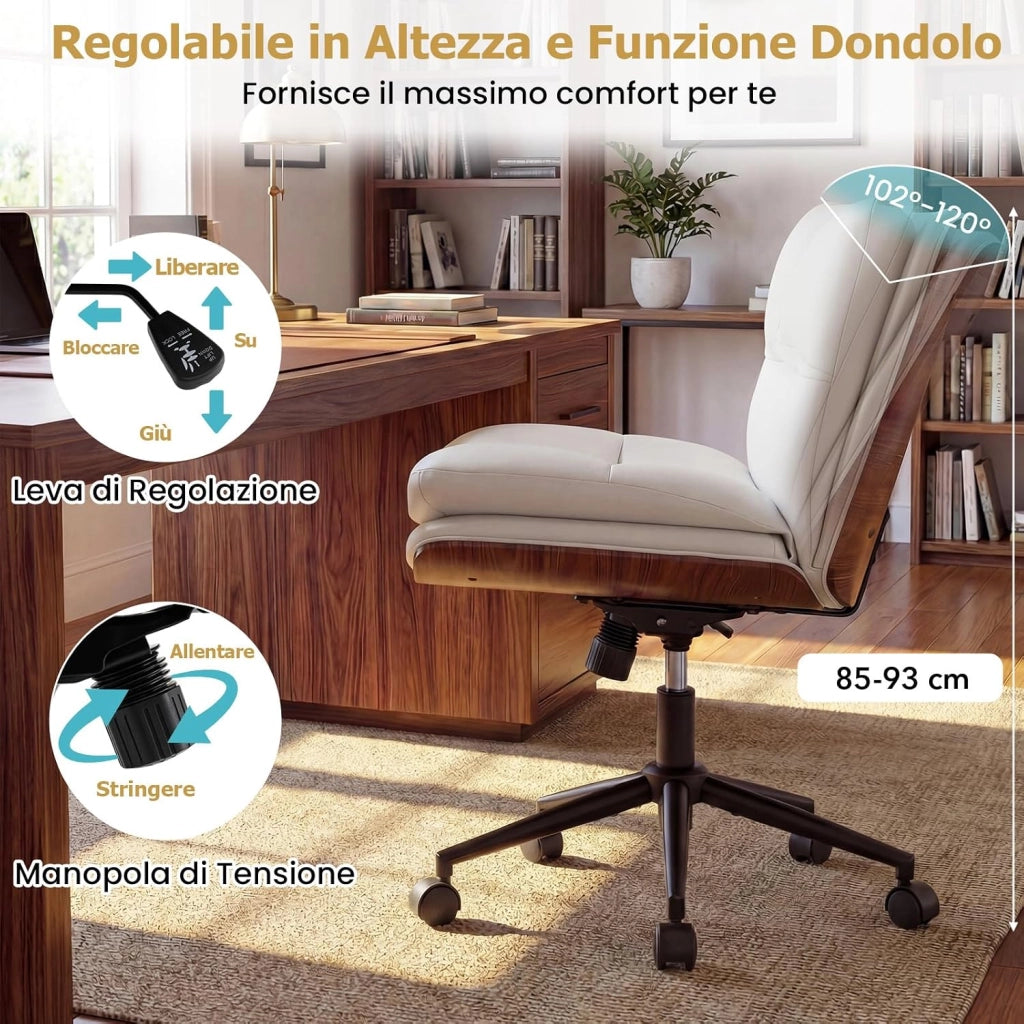 Sedia Ufficio Girevole con Ruote, Sedile Curvo, Schienale Reclinabile, Poltrona Scrivania con Altezza Regolabile, per Lavoro, Studio, Relax, Portata 110 kg (Bianco)