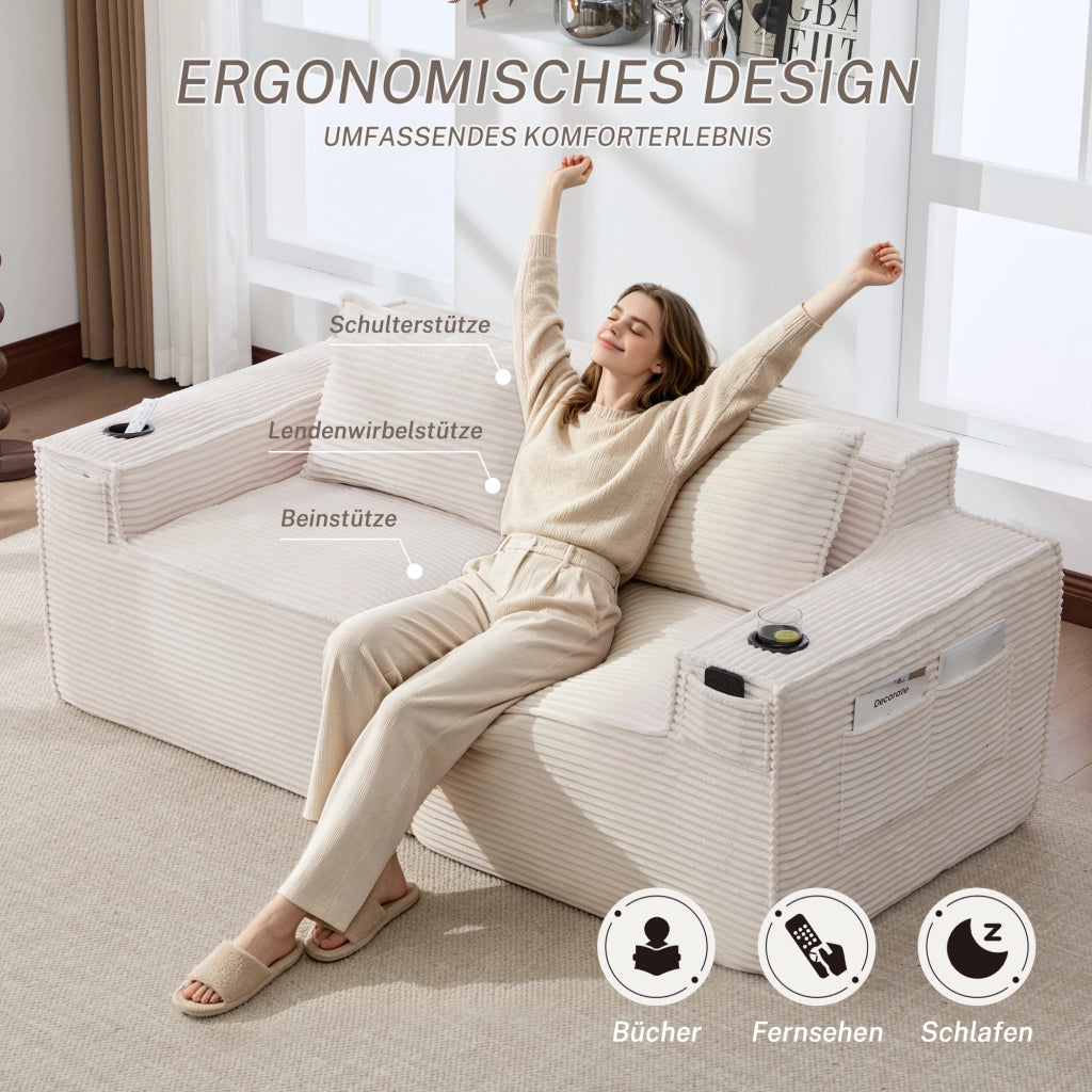 Divano modulare a 2 posti in corduroy beige con portabicchieri, tasche laterali e imbottitura in molle e schiuma