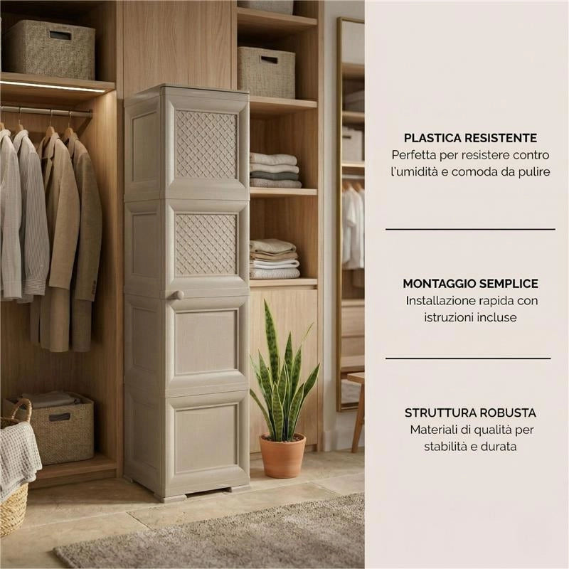 MOBILE 4 MODULI TALPA 40X43X164 CM CON 2 ANTE TRAFORATE E 2 FINITURA LEGNO – CONTENITORE VERTICALE ORGANIZZAZIONE CASA PER INGRESSO E ZONA GIORNO