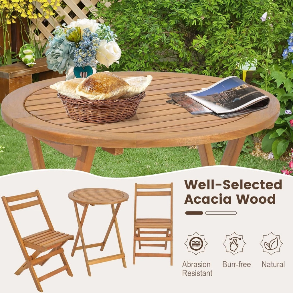 Set Tavolo e Sedie Pieghevoli a 3 Pezzi, 1 Tavolo Rotondo e 2 Sedie con Schienale, Set Mobili da Giardino in Legno di Acacia, Set Bistro con Sedile a Doghe per Interno ed Esterno, Naturale