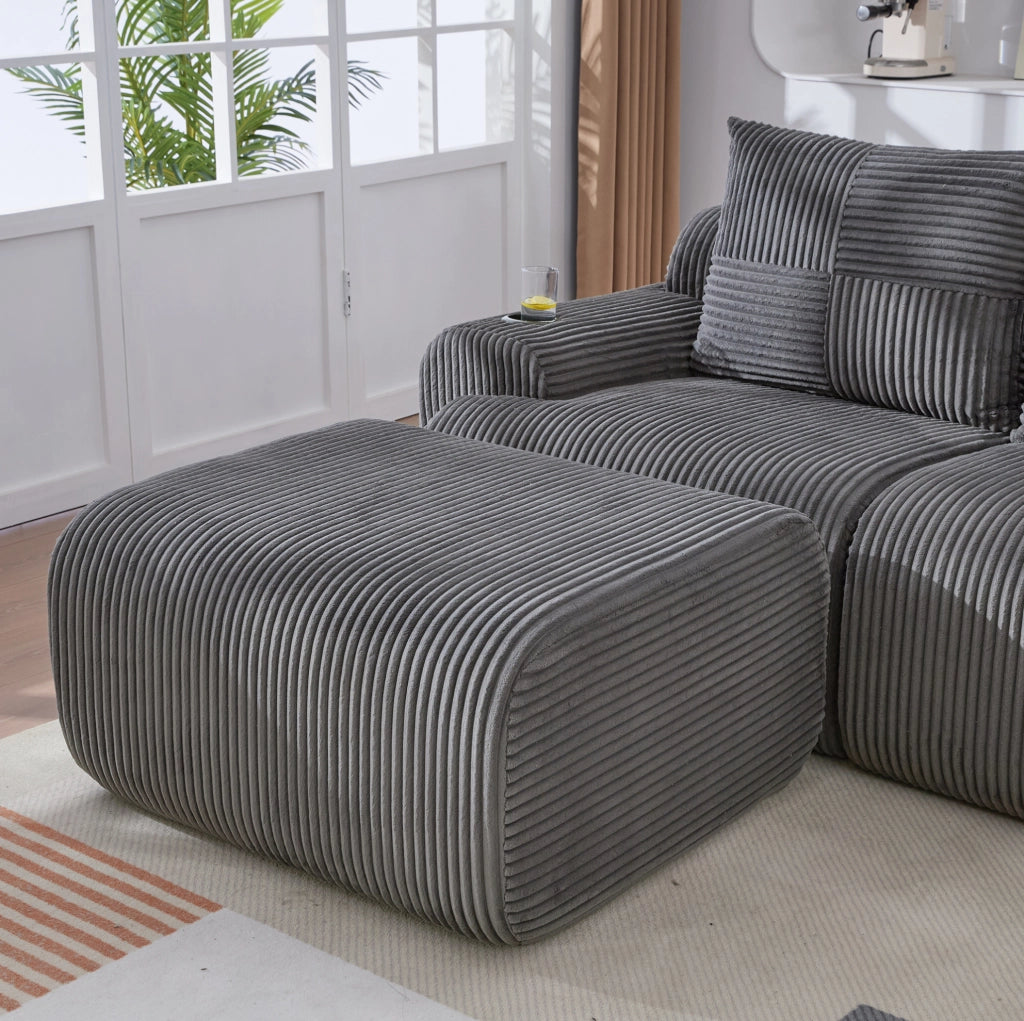 Divano modulare 268x174x80 cm con portabicchiere e tasca laterale in corduroy grigio scuro