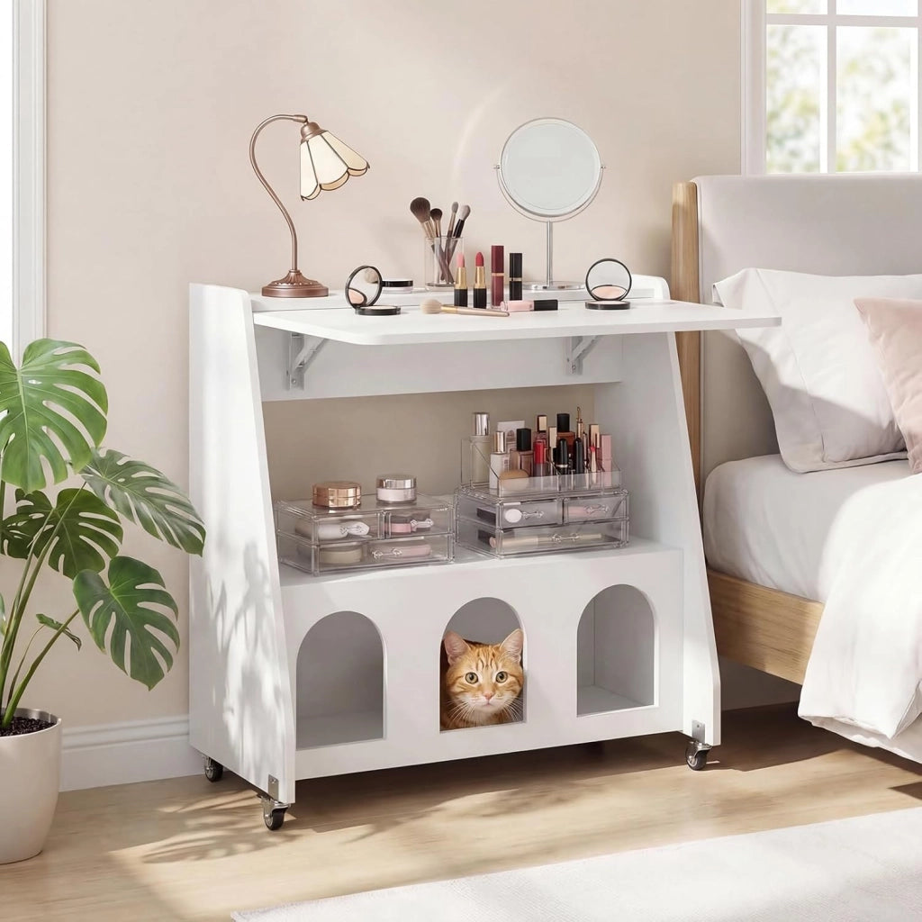 Scrivania Salvaspazio, Scrivania Pieghevole con Ruote, Ripiano Aperto, Ripiani Nascosti e Cuccie per Gatti, Scrittoio Moderno e Multifunzionale per Studio, Salotto e Camera da Letto (Bianco)