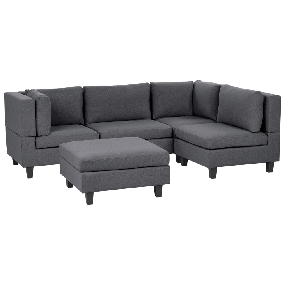 Divano componibile a 4 posti imbottito in tessuto grigio scuro gambe nere lato sinistro con ottomana stile moderno