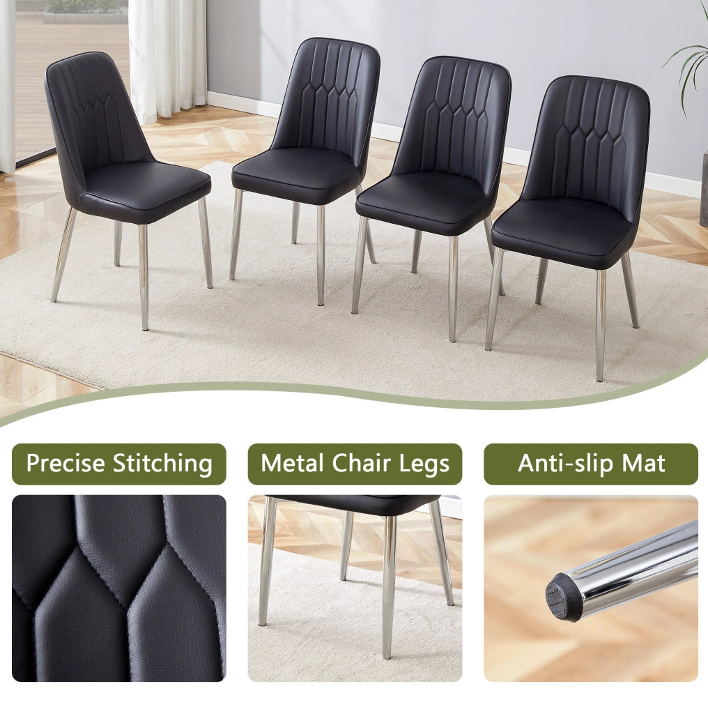 Sedia da pranzo nera in ecopelle con gambe metalliche argento, design moderno e minimale