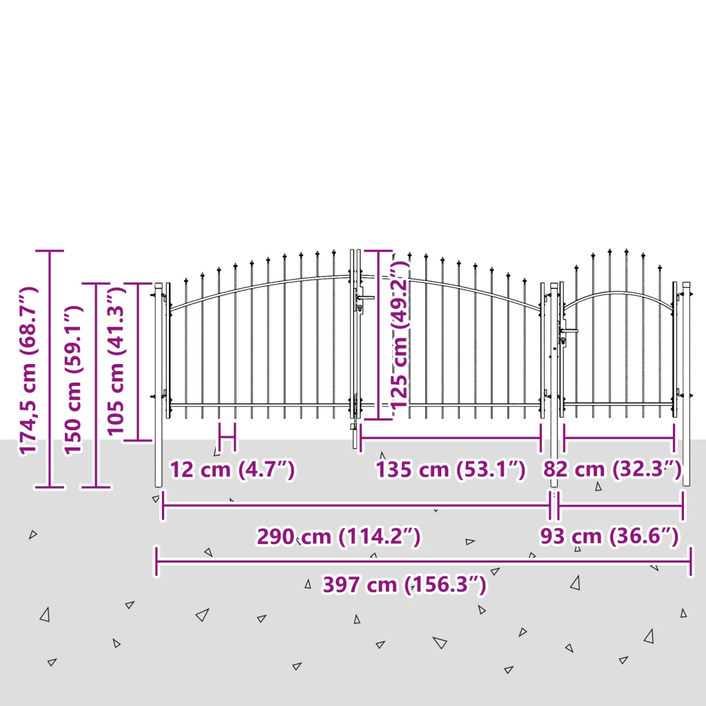 Cancello da Giardino con Punta a Lancia Grigio 125x400 cm Acciaio